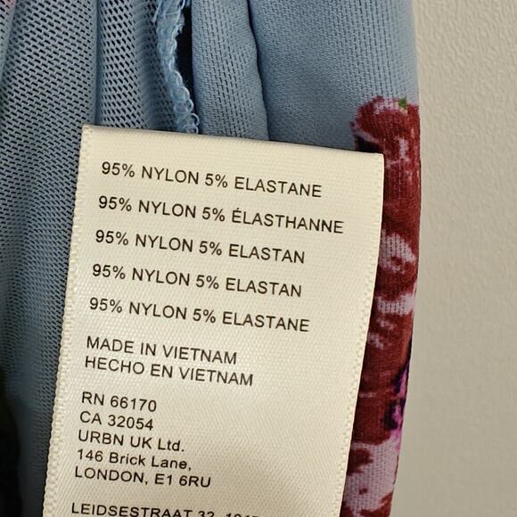 Free People Floral Carmel Mesh Midi Dress Size Medium Blue Stretch Side Slits - Picture 9 of 13